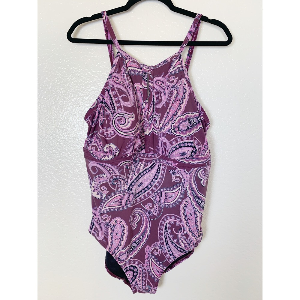 Lands' End Swimsuit Women 10 Purple Paisley High Neck Keyhole One Piece Swimwear